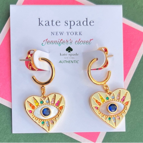 KATE SPADE Mother Of Pearl & Stone Evil Eye Drop Huggie Hoop Earrings - Picture 6 of 7